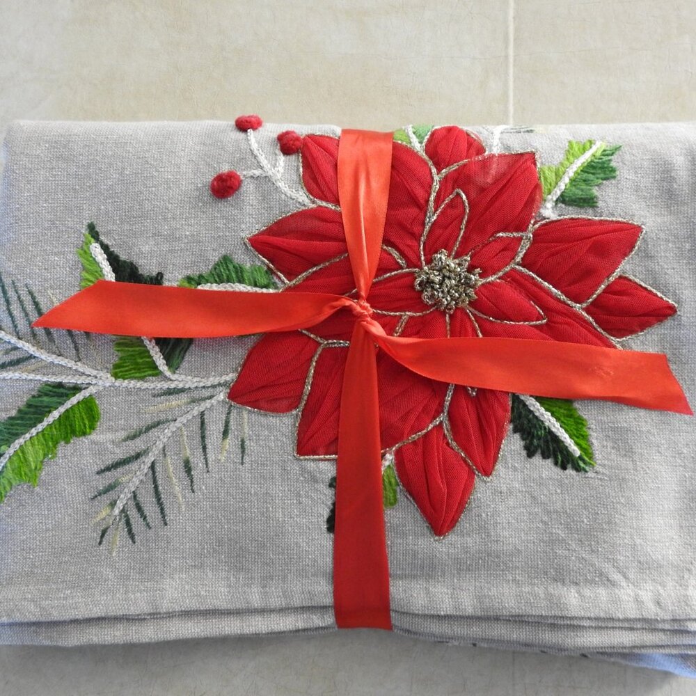NWOT Balsam & Fir Crewel Christmas Tablecloth 60" by 83" Handmade Poinsettia